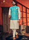 Sea Green Colour Latest Design Festive Wear Art Silk Digital Printed Kurta Pajama With Jacket Mens Collection 33019